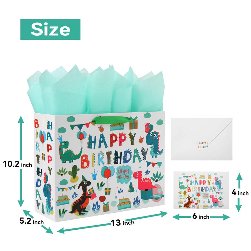 Qirrmiy 13"" Large White Gift Bag Set with Greeting Card and Tissue Paper (Green Dinosaur Design and Happy Birthday) for Boys  Girls  Kids Party  Baby Showers - Image 2